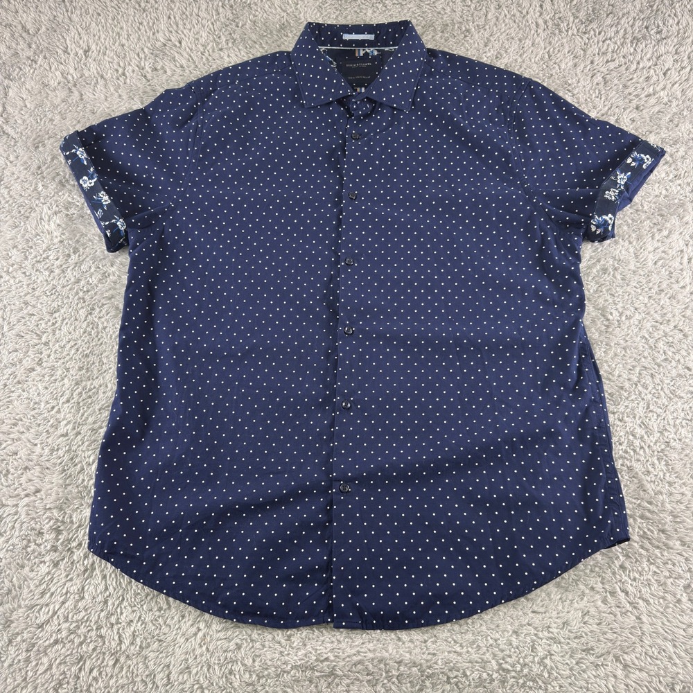 Denim & Flower Ricky Singh Mens XL Navy Blue Polka Dot Short Sleeve Button Down - Picture 2 of 7